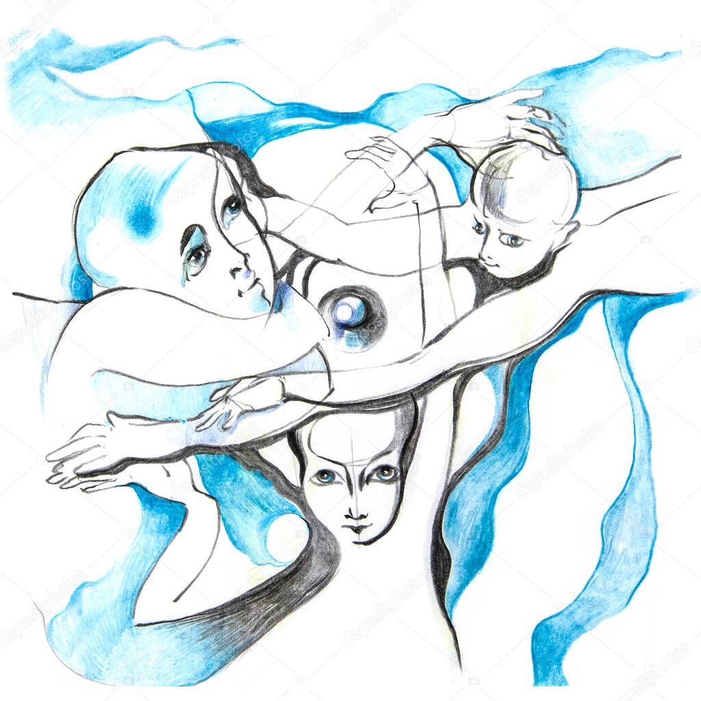 Three people embrace.Black and blue pencil graphics. Mother's day, parents ' day, child protection day. Family ties and relationships. Incomplete family. Love, mutual understanding. Illustration of relationships . Association of close people. Amity.