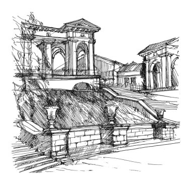 Beyaz arka planda grafiksel çizim. Kare şeklinde illüstrasyon. Kentsel ve Park manzarası elementleri.