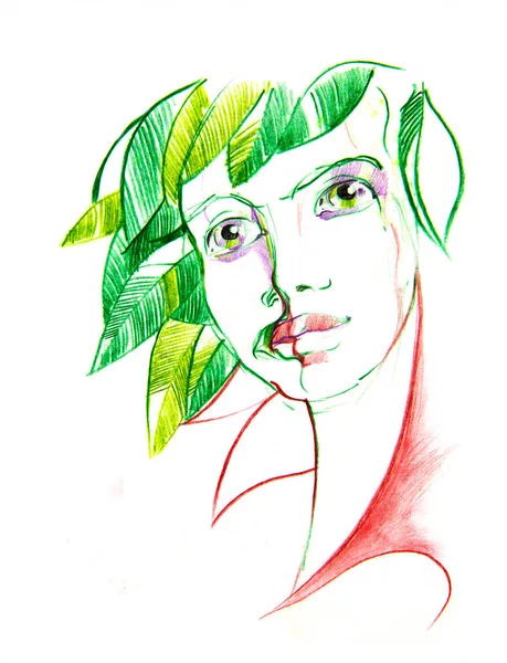 Πρόσωπο Κεφάλι Ανθρώπου Ένα Στεφάνι Από Πράσινα Φύλλα Ζωγραφική Μολύβι — Φωτογραφία Αρχείου