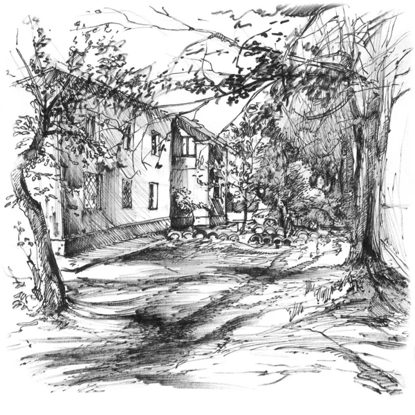 Urban landscape.Black and white graphics.Drawing with a thin line.Beautiful hatching.Print on the wall.Illustration for your text.