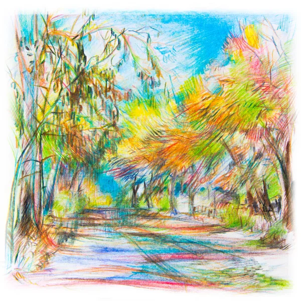 Herbst Park Sonniger Tag Bleistiftzeichnung Bunte Illustration Von Blauem Himmel — Stockfoto