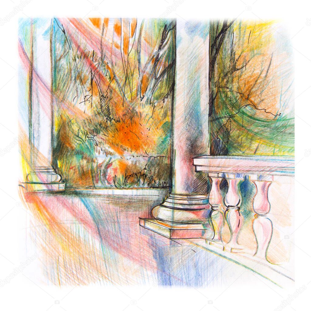 Autumn city landscape.Walk in the Park.Gazebo with columns.Pencil drawing. Bright colorful illustration of a classic column. Graphic image. Structures, pilasters.Urban, Park and decorative landscape.Architecture and exterior.