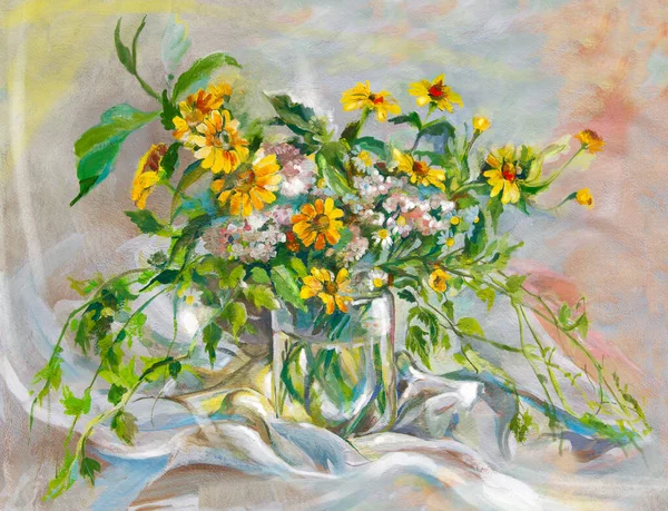 Ένα Μπουκέτο Κίτρινα Λουλούδια Ένα Διάφανο Γυάλινο Βάζο Πολύχρωμο Φωτεινό — Φωτογραφία Αρχείου