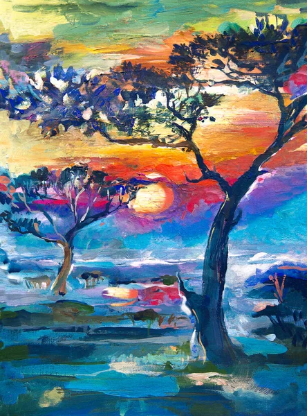 日落时的萨凡纳夜晚的阳光 非洲的风景 穿越沙漠的旅程 阳光穿过树木 色彩斑斓 色彩艳丽 带有粉刺或丙烯酸色的图画 适合你的内部或文字 — 图库照片
