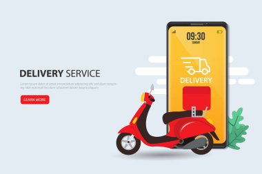 Mobiletle hızlı teslimat. E-ticaret konsepti. Çevrimiçi yemek siparişi bilgileri. Web sayfası, uygulama tasarımı. Mavi arka plan. Perspektif vektörü