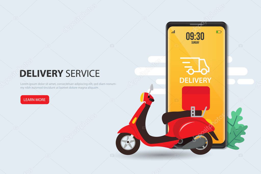 Fast delivery by scooter on mobile. E-commerce concept. Online food order infographic. Webpage, app design. Blue background. Perspective vector