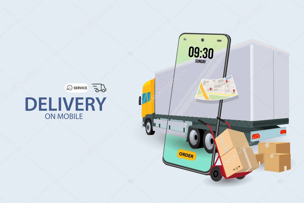 Online delivery service concept, online order tracking,Delivery home and office. City logistics. Warehouse, truck, forklift, courier, delivery man, on mobile. Vector illustration