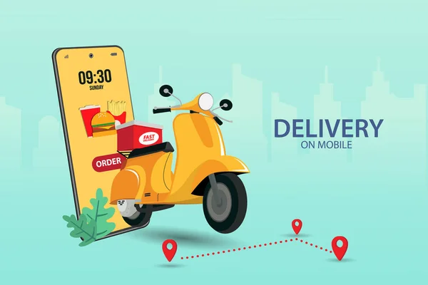 Snelle Levering Scooter Mobiel Commerce Concept Online Bestelling Van Voedsel — Stockvector