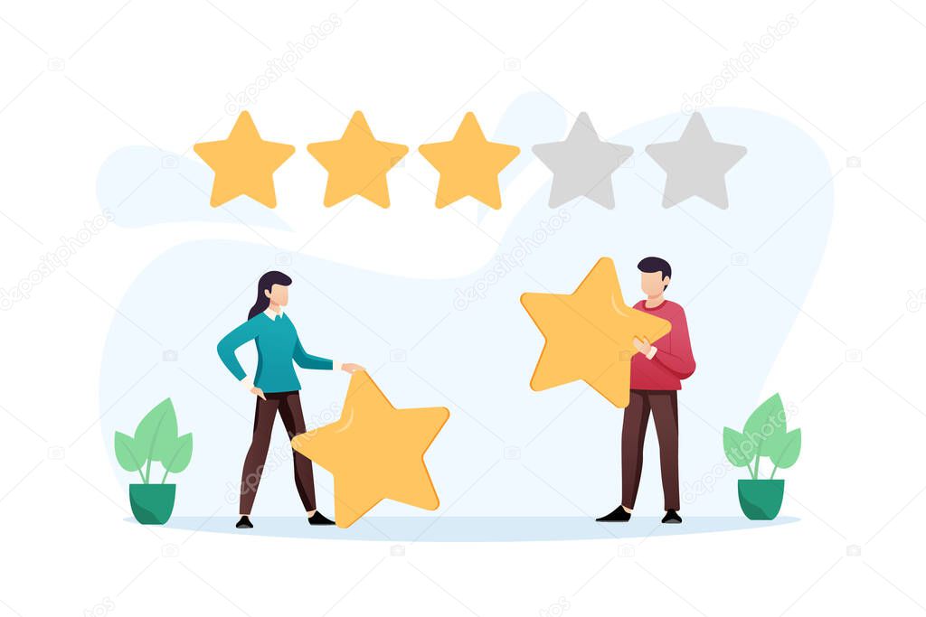 Customer review rating. Different People give review rating and feedback. Flat vector illustration. Customer choice. Know your client concept. Rank rating stars feedback. Business satisfaction support