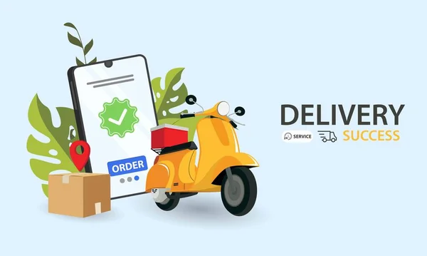 Snelle Levering Scooter Mobiel Commerce Concept Online Bestelling Van Voedsel — Stockvector