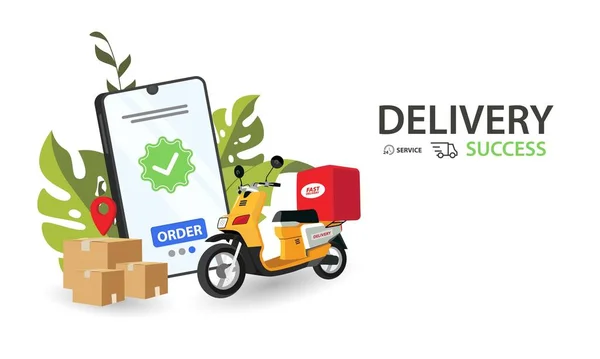 Rychlé Dodání Skútrem Mobilu Koncept Elektronického Obchodu Online Objednání Potravin — Stockový vektor