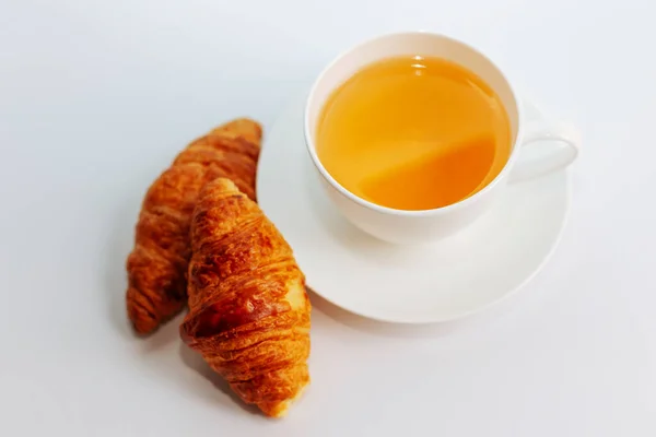 Croissants Cup Tea White Background Breakfast Cup Black Coffee Croissant — Stock Photo, Image