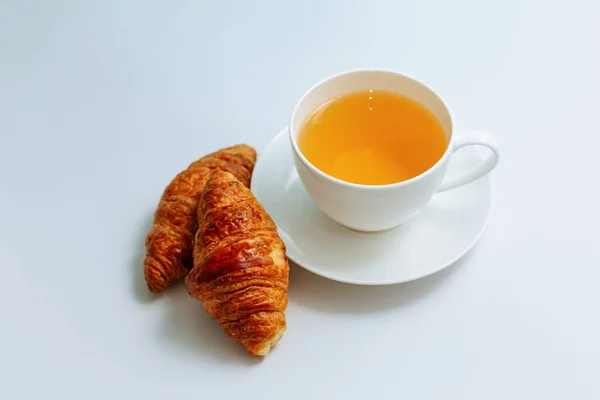 Croissants Cup Tea White Background Breakfast Cup Black Coffee Croissant — Stock Photo, Image