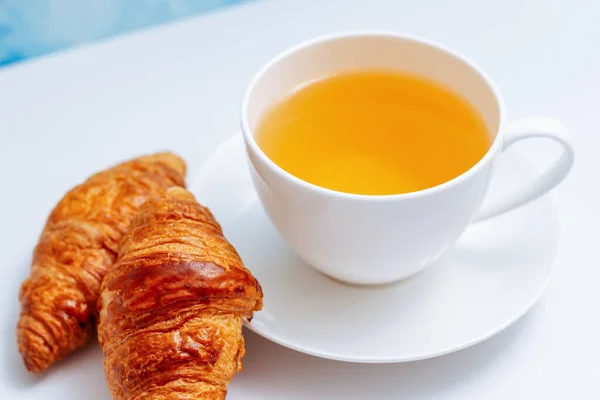 Croissants Cup Tea White Background Breakfast Cup Black Coffee Croissant — Stock Photo, Image