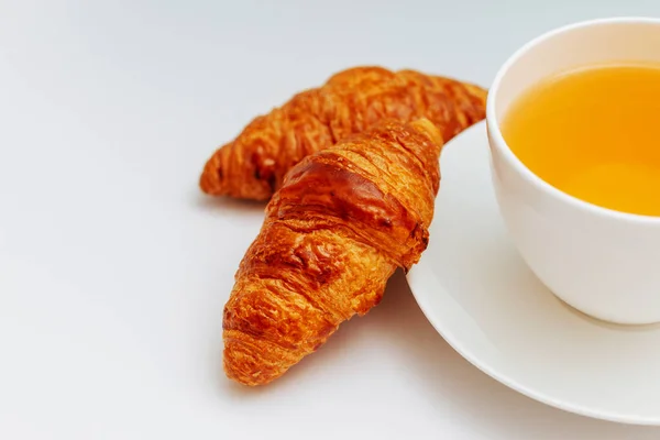 Croissants Cup Tea White Background Breakfast Cup Black Coffee Croissant — Stock Photo, Image