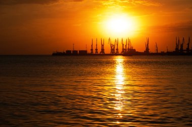 Ateşli günbatımı gökyüzü ve deniz ile güzel bir manzara. Gün doğarken kıyıda liman. Turna siluetleri ateşli, turuncu ve kırmızı gökyüzüne karşı.