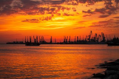 Ateşli günbatımı gökyüzü ve deniz ile güzel bir manzara. Gün doğarken kıyıda liman. Turna siluetleri ateşli, turuncu ve kırmızı gökyüzüne karşı. 