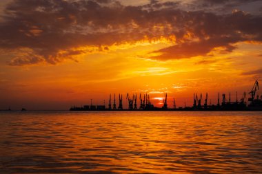 Ateşli günbatımı gökyüzü ve deniz ile güzel bir manzara. Gün doğarken kıyıda liman. Turna siluetleri ateşli, turuncu ve kırmızı gökyüzüne karşı. 