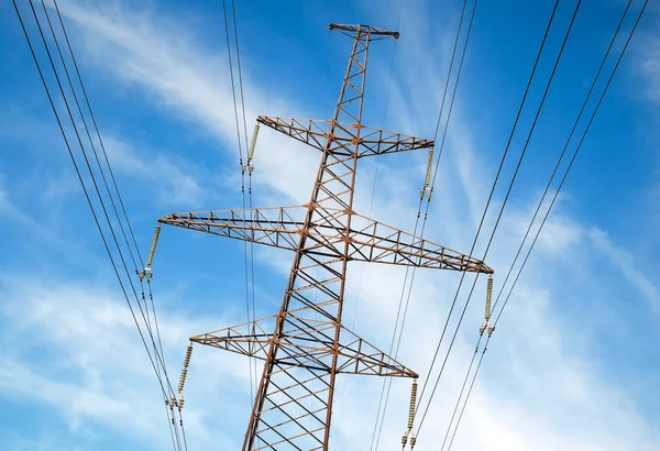 High Voltage Power Pylons Blue Cloudy Sky — Stock Photo, Image