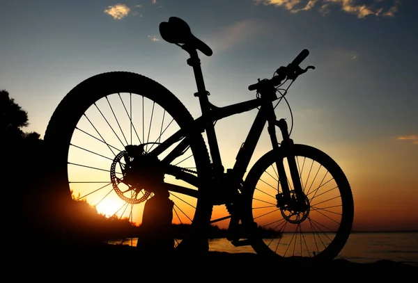 Silhuetten Cykel Stranden Mot Färgsprakande Solnedgång Havet Guld Sky Bakgrunden — Stockfoto