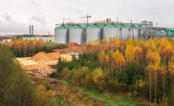 建設天然ガス貯蔵タンクおよび産業工場の油タンク 曇り雨の天気と秋の森 — ストック写真