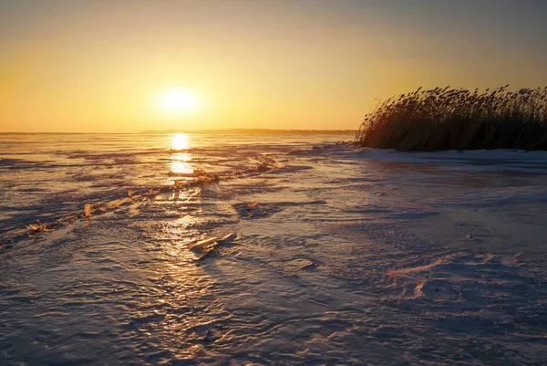 Paisagem Inverno Com Lago Congelado Rachaduras Juncos Céu Por Sol — Fotografia de Stock