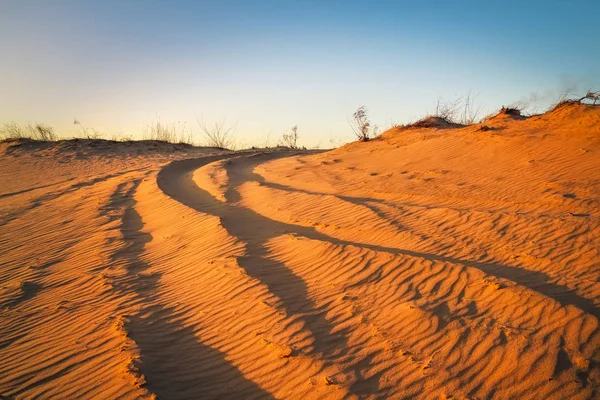 Motocross and auto sport track with sunset sky background. Wheel tracks on sand