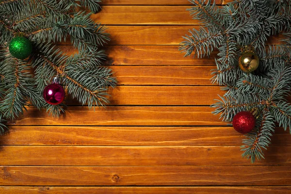 Decoraciones Navideñas Fondo Vacaciones Con Ramas Abeto Pelotas Juguete Vista —  Fotos de Stock