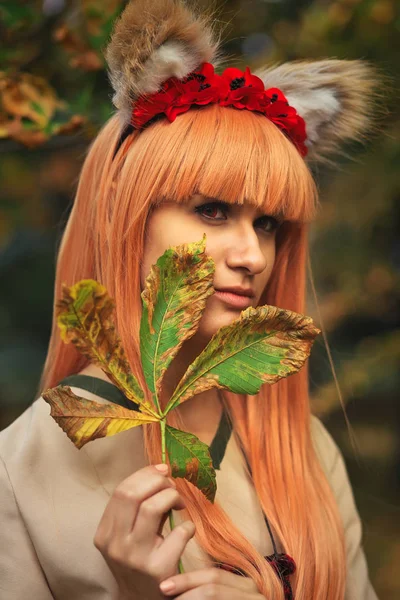 Λύκος Κορίτσι Cosplay Χαρακτήρα Στο Πάρκο Φθινόπωρο Anime Φεστιβάλ — Φωτογραφία Αρχείου