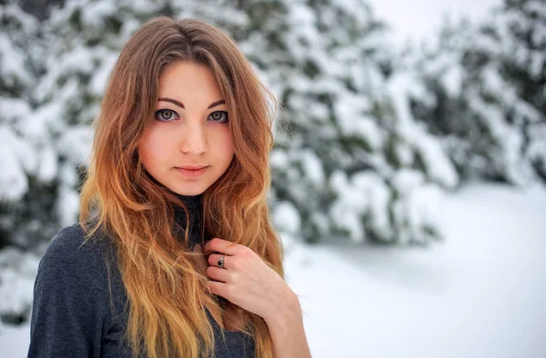 Bella Ragazza Posa Inverno Nella Foresta Fredda Con Alberi Pino — Foto Stock