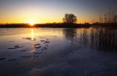 Kış manzara donmuş nehir, sazlık ve günbatımı gökyüzü. Daybreak
