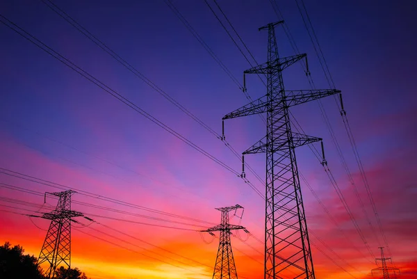 High Voltage Power Lines Fiery Sunrise — Stock Photo, Image