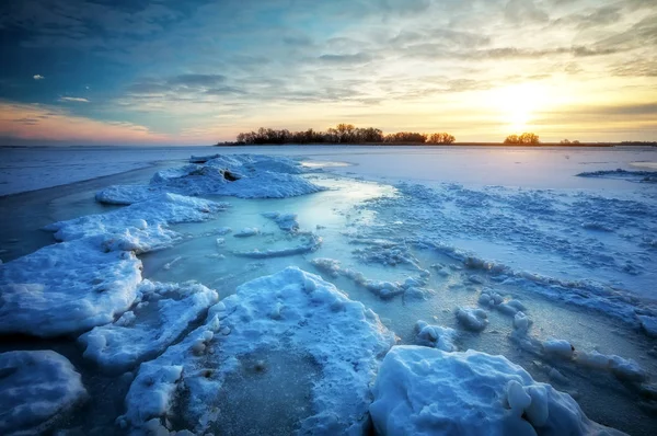 Mer Gelée Coucher Soleil Beau Paysage Marin Naturel Hiver — Photo