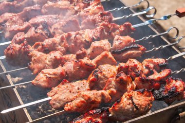 Şiş kebabı ateşte dumanla pişirilir. Kamp ve delicio