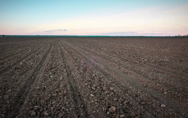 Preparing field for planting. Plowed soil  in spring time with b — Stock Photo, Image