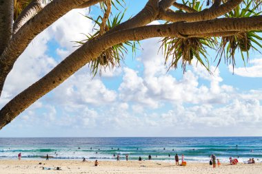 Gold Coast, Queensland, Avustralya - Aralık, 2018: Gold Coast'ta dinlendirici yaşam tarzının keyfini çıkaran sörfçüler ve plaj müdavimleri ile dolu tropik kumsalların çarpıcı manzarası.