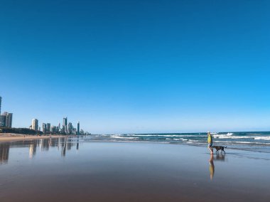 Altın Sahil ufuk çizgisinin güzel geniş panoramik manzarası ve Pasifik Okyanusu dalgalarıyla Sörfçüler Cenneti plajı. Queensland, Avustralya.