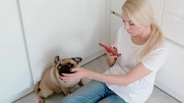 Mujer mascota del perro mientras usa el teléfono inteligente en la cocina — Vídeo de stock