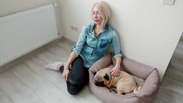 Νεαρή γυναίκα κατοικίδιο ζώο το σκυλί κάθεται στο πάτωμα. — Αρχείο Βίντεο
