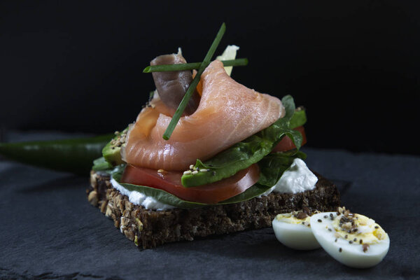 fresh beautiful sandwich with red fish and avocado