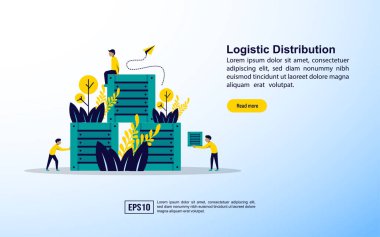 Simge ve karakter ile lojistik dağıtım kavramı. Web açılış sayfası, afiş, sunum, sosyal medya, poster, reklam, promosyon için şablon