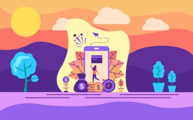 Açık illüstrasyon mobil ödeme Modern düz tasarım kavramı. Afiş, el ilanı, promosyon, pazarlama malzemesi, online reklam, iş sunumu için modern illüstrasyon kavramsal