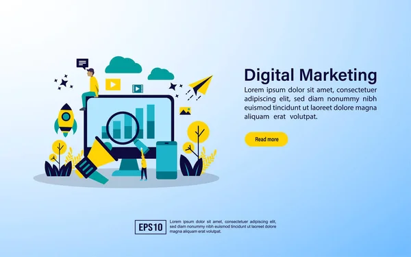 Concepto para agencia de marketing digital, campaña de medios digitales ilustración vectorial plana con iconos. Plantilla para landing page web, banner, presentación, redes sociales, póster, publicidad, promoción — Vector de stock