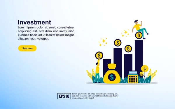 Simge ve karakter ile yatırım konsepti. Web açılış sayfası, afiş, sunum, sosyal medya, poster, reklam, promosyon için şablon
