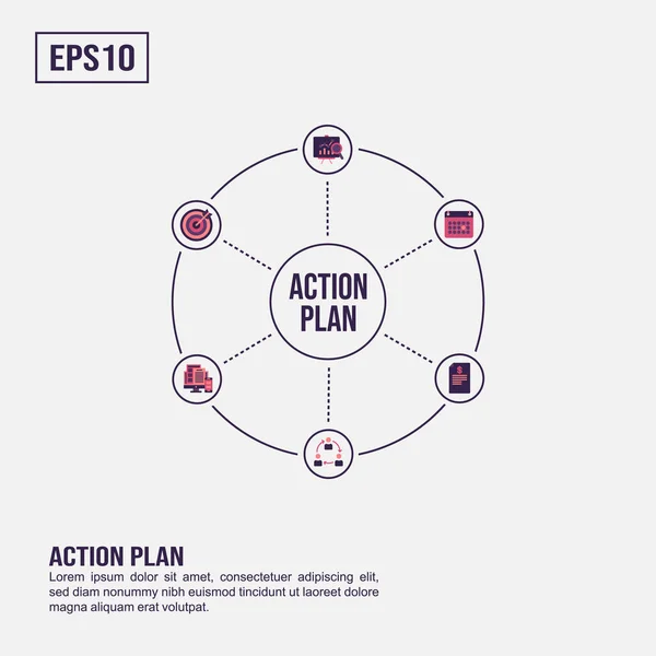 Концепція плану дій для презентації, просування, маркетингу соціальних мереж тощо. Мінімалістичний план дій інфографіки з плоскою піктограмою — стоковий вектор