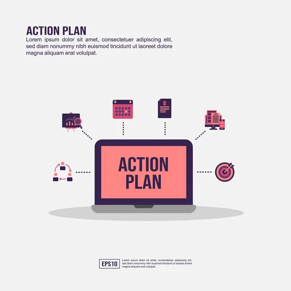 Concepto de plan de acción para presentación, promoción, marketing en redes sociales y más. Plan de acción minimalista infografía con icono plano — Vector de stock