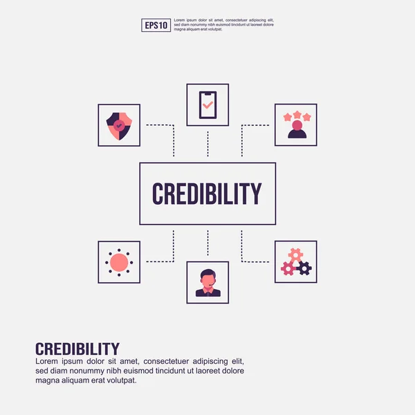 Concepto de credibilidad para la presentación, promoción, marketing en redes sociales y más. Infografía minimalista de credibilidad con icono plano — Vector de stock