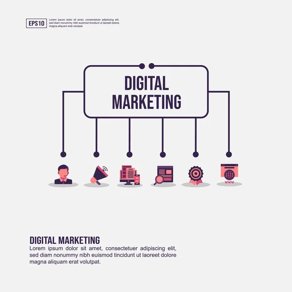 Conceito de marketing digital para apresentação, promoção, marketing de mídia social e muito mais. Infográfico minimalista de marketing digital com ícone plano —  Vetores de Stock