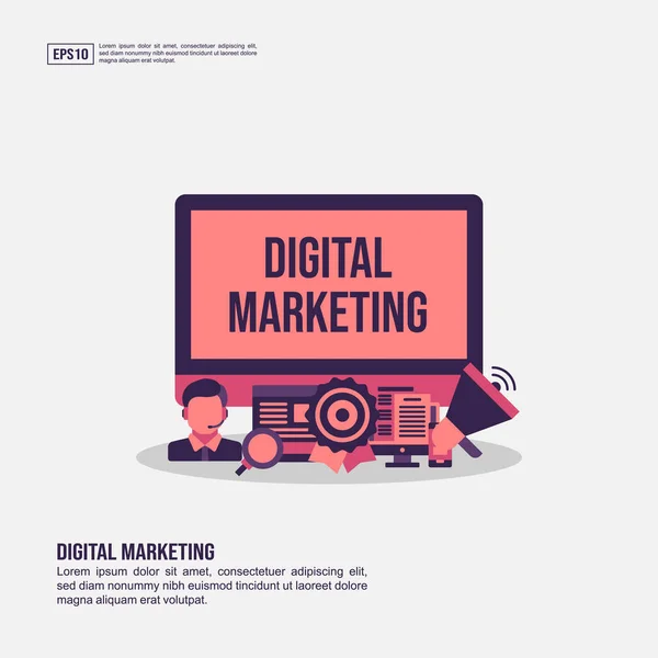 Digitální marketingová koncepce pro prezentaci, propagaci, sociální média a další. Minimalistický digitální marketingový informační obrázek s plochou ikonou — Stockový vektor