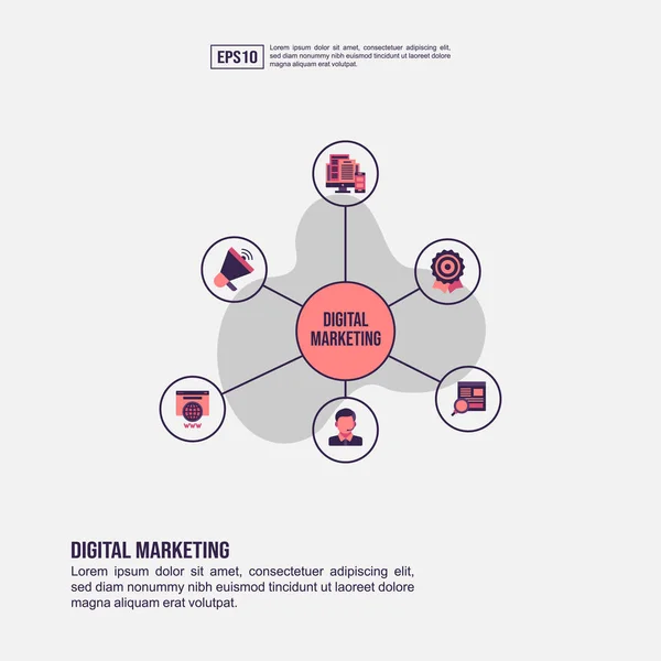 Conceito de marketing digital para apresentação, promoção, marketing de mídia social e muito mais. Infográfico minimalista de marketing digital com ícone plano —  Vetores de Stock